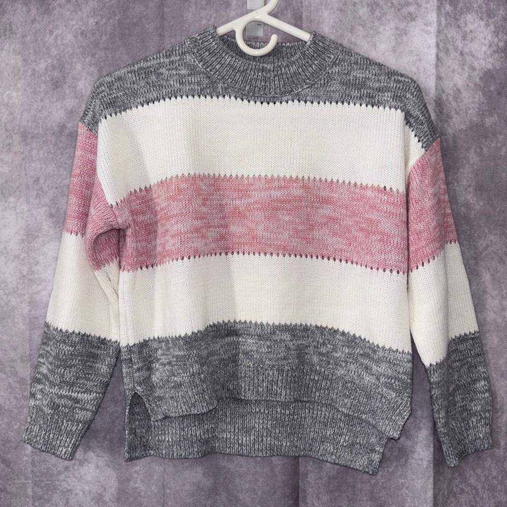Coco and Shay Striped Marbled Sweater Womens Small Pink White Gray Casual Preppy